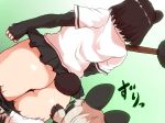  african_wild_dog_(kemono_friends) african_wild_dog_print animal_ears animal_print arm_at_side ass assisted_exposure bear_ears bear_paw_hammer bear_tail black_hair black_skirt brown_bear_(kemono_friends) brown_hair commentary_request dog_ears dutch_angle facing_away fingerless_gloves from_behind gloves grey_hair isuna kemono_friends long_sleeves looking_at_another medium_hair microskirt motion_lines multicolored_hair multiple_girls no_panties pulled_by_another shirt short_over_long_sleeves short_sleeves shorts shorts_pull skirt standing tail two-tone_hair weapon white_shirt 