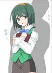  :d bangs black_skirt blue_bow blue_neckwear bow bowtie dark_green_hair eyebrows_visible_through_hair green_hair green_vest hairband idolmaster idolmaster_(classic) idolmaster_1 imuraya_ayuka long_sleeves mole mole_under_mouth oekaki open_mouth otonashi_kotori red_eyes shirt short_hair simple_background sketch skirt smile solo vest white_background white_shirt yellow_hairband 