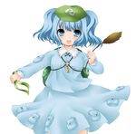  :d backpack bag blue_dress blue_eyes blue_hair cowboy_shot dress dual_wielding flat_cap hat holding jyako kawashiro_nitori key looking_at_viewer open_mouth pocket simple_background smile solo touhou two_side_up white_background 