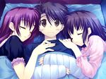  2girls amazuyu_tatsuki bed brown_hair cast game_cg kouno_takaaki kousaka_tamaki lingerie mitsumi_misato multiple_girls nightgown red_hair sleeping to_heart_2 to_heart_2_ad underwear wide_awake yuzuhara_konomi 