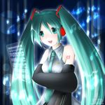  :d aqua_neckwear beamed_eighth_notes blush detached_sleeves eighth_note flat_sign green_eyes green_hair half_note hatsune_miku headset long_hair minyo musical_note necktie open_mouth quarter_rest sharp_sign smile solo twintails very_long_hair vocaloid 