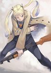  blonde_hair cross-draw formal gun gunslinger_girl handgun holster long_hair necktie pant_suit peco pump_action shotgun shoulder_holster solo suit trench_coat triela twintails waistcoat weapon winchester_model_1897 