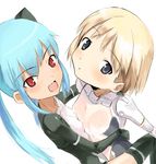  :d areolae arnval asymmetrical_docking bangs black_gloves black_legwear blonde_hair blue_eyes blue_hair blush breast_press breasts busou_shinki doll_joints dutch_angle elbow_gloves fang from_above from_side gloves head_tilt hug leotard long_hair looking_at_viewer multiple_girls official_art open_mouth parted_lips red_eyes see-through shimada_fumikane short_hair simple_background sketch small_breasts smile strarf thighhighs white_background white_gloves 