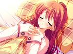  akisato_manaka bed blush closed_eyes game_cg long_hair munyuu pajamas pillow purely red_hair sleeping solo 