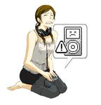  71 barefoot brown_hair camisole clenched_teeth closed_eyes digital_media_player frown hair_ornament hairclip headphones headphones_around_neck ipod lowres original pants sitting solo tears teeth twintails wariza 