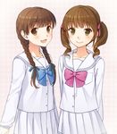  :d arms_behind_back bow braid brown_eyes brown_hair hair_ribbon horie_yui long_hair multiple_girls nekota_chihiro open_mouth pleated_skirt real_life real_life_insert ribbon school_uniform seiyuu serafuku skirt smile tamura_yukari twin_braids twintails 