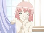  ^_^ breasts cleavage closed_eyes covering covering_breasts derivative_work fingernails hand_on_own_face large_breasts nude pink_hair saigyouji_yuyuko shirosato short_hair shower_curtain smile solo to_aru_majutsu_no_index touhou wet wet_hair 