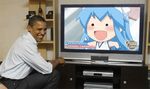  :d animated animated_gif barack_obama blue_hair blush bracelet chibi ikamusume jewelry lowres male mini-ikamusume open_mouth parody photoshop politician running screencap shinryaku!_ikamusume smile television tentacle tentacle_hair 