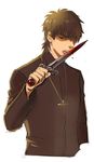  blade_licking blood brown_eyes brown_hair cross cross_necklace dagger fate/zero fate_(series) jewelry knife kotomine_kirei licking licking_weapon male_focus necklace solo spzhsla weapon 