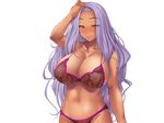  1girl black_bra black_panties blush bra breasts dark_skin female huge_breasts ishii_akira kimomen_demo_kyokon_nara_mizugi_gal_to_ria_juu_na_natsu_ga_sugoseru! lavender_hair lingerie looking_at_viewer miel miel_(company) navel nipples panties purple_hair see-through smile solo underwear 