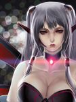  bare_shoulders blurry bokeh breasts choker cleavage depth_of_field grey_hair hair_tubes highres large_breasts looking_at_viewer mass_effect mecha_musume okingjo original personification solo two_side_up upper_body 