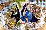  2boys alabasta ballet_slippers blonde_hair bon_clay building chibi cigarette crossdressing fight fighting formal frown hair_over_one_eye kick kicking makeup male male_focus multiple_boys one_piece outdoors sanji scenery smoking suit 