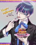  bad_id bad_pixiv_id blue_eyes blue_hair cupcake dr. earrings food fork formal genderswap genderswap_(ftm) halloween halo happy_halloween jewelry male_focus multicolored_hair panty_&amp;_stocking_with_garterbelt pink_hair skull_earrings solo stocking_(psg) suit tongue two-tone_hair 