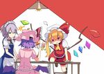  angry apron ascot bad_id bad_pixiv_id bat_wings blonde_hair blue_eyes braid card crystal expressionless flandre_scarlet fume hat hat_ribbon hizakozouzu izayoi_sakuya lamp light_bulb low_wings maid maid_headdress multiple_girls open_mouth playing playing_card puffy_sleeves purple_hair red_background red_eyes remilia_scarlet ribbon short_hair short_sleeves side_ponytail silver_hair simple_background table touhou twin_braids two-tone_background white_background wings 