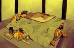  2girls 6+boys 6boys afro antlers barefoot black_hair blonde_hair blue_hair brook couple cyborg eyes_closed female food franky fruit hat hug indoors kotatsu male monkey_d_luffy multiple_boys multiple_girls nami nami_(one_piece) nico_robin olafpriol on_floor one_piece open_mouth orange_hair reading reindeer roronoa_zoro sanji scar skeleton sleeping table tony_tony_chopper usopp 