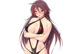  1girl blush breast_hold breasts crossed_arms ishii_akira kimomen_demo_kyokon_nara_mizugi_gal_to_ria_juu_na_natsu_ga_sugoseru! large_breasts miel miel_(company) simple_background sling_bikini solo swimsuit 