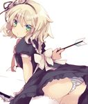  apron arrow ass bad_id bad_pixiv_id black_dress blonde_hair blush dress green_eyes looking_at_viewer looking_back mabinogi maid maid_headdress masirosu panties short_hair solo striped striped_panties thighhighs underwear upskirt white_legwear 