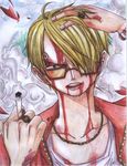  1boy blonde_hair blood bracelet cigarette frown glasses hair_over_one_eye hand_on_head highres injury jewelry looking_at_viewer male male_focus necklace one_piece ring sanji smoke smoking solo zipper 