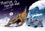  2boys aqua_eyes bad_id bad_pixiv_id claws fuse_ryuuta helmet lagombi_(armor) monster_hunter multiple_boys snow snowing sword tigrex weapon 