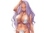  1girl blush breasts dark_skin ishii_akira kimomen_demo_kyokon_nara_mizugi_gal_to_ria_juu_na_natsu_ga_sugoseru! large_breasts miel miel_(company) purple_hair smile swimsuit 