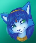  ajna anthro bedroom_eyes blue_hair canine collar female fox green_eyes hair headband krystal mammal nintendo pendant portrait smile solo star_fox video_games 