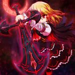  adapted_costume ascot blonde_hair cape crescent ex-rumia glowing glowing_eyes highres long_sleeves puffy_sleeves red_eyes rumia short_hair smile solo sore_(whirlwind) sword touhou weapon 