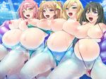  4girls bikini blonde_hair blush breasts brown_hair censored erect_nipples glasses green_eyes green_hair hairband huge_breasts ishii_akira kimomen_demo_kyokon_nara_mizugi_gal_to_ria_juu_na_natsu_ga_sugoseru! large_breasts long_hair lowres miel miel_(company) multiple_girls nipples open_mouth penis pink_hair pregnant pubic_hair purple_eyes pussy sling_bikini smile swimsuit take_your_pick twintails water wet yellow_eyes 