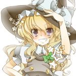  asuku_(69-1-31) bad_id bad_pixiv_id blonde_hair blush bow braid colorized grin hat hat_bow highres kirisame_marisa long_hair puffy_sleeves purple_eyes short_sleeves side_braid single_braid smile solo star touhou witch_hat 