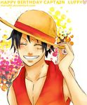  1boy birthday black_hair character_name hand_on_hat hand_on_headwear hat heart male male_focus monkey_d_luffy one_piece red_vest scar smile solo straw_hat vest 