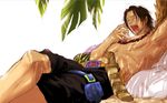  1boy bag belt black_hair jewelry knife lowres lying male male_focus necklace on_back one_piece outdoors palm_tree pillow portgas_d_ace sand shade sheated sheath shorts simple_background solo thigh_strap topless tree white_background yawning 