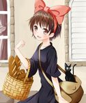  :d animal bag basket black_cat blush bread brown_eyes brown_hair carrying cat collarbone food hairband jiji_(majo_no_takkyuubin) kiki majo_no_takkyuubin ok-ray open_mouth short_hair smile window 