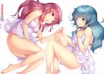  absurdres bare_legs bare_shoulders barefoot blue_eyes blue_hair breasts chobipero cleavage highres holding_hands long_hair lying medium_breasts multiple_girls naked_towel on_stomach open_mouth original pink_hair purple_eyes scan towel yuri 