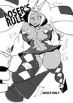  1girl blush boots breasts cameltoe cerebella_(skullgirls) cleavage dark_skin detached_sleeves english highres jackasss large_breasts monochrome muscle navel open_mouth panties skull skullgirls solo tears thigh_boots thighhighs torn_clothes underwear vice-versa_(skullgirls) white_panties wince 