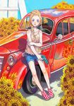  blonde_hair blue_eyes braid camisole car flower ground_vehicle gun handgun holding_arm motor_vehicle on_vehicle original pomodorosa shoes shorts single_braid sitting solo sunflower weapon 