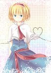  alice_margatroid bad_id bad_pixiv_id blonde_hair blue_dress blue_eyes blush capelet conesa dress hairband heart heart_of_string highres looking_at_viewer pout sash short_hair solo touhou wind 