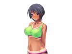  1girl black_hair blue_eyes blush breasts dark_skin ishii_akira kimomen_demo_kyokon_nara_mizugi_gal_to_ria_juu_na_natsu_ga_sugoseru! large_breasts miel miel_(company) navel open_mouth short_hair solo tan tanline 