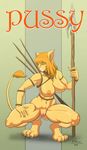  breasts digitigrade einom feline female lion lioness mammal navel nipples nude plump_labia polearm pussy solo spear tribal warrior weapon 