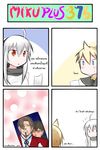  3boys 4koma ahoge beard blonde_hair blood blood_on_face blue_eyes blush brown_hair catstudioinc_(punepuni) comic facial_hair fate/zero fate_(series) highres kagamine_len kotomine_kirei kuso_miso_technique long_hair multiple_boys open_mouth parody photo_(object) red_eyes scarf sweat thai toosaka_tokiomi translated vocaloid white_hair yaoi yowane_haku 