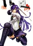  absurdres black_legwear blood blood_on_face bloody_clothes blue_eyes busujima_saeko garter_straps gauntlets highres highschool_of_the_dead katana kneeling lace lace-trimmed_thighhighs looking_at_viewer miniskirt open_mouth purple_hair satou_shouji school_uniform serafuku shin_guards skirt solo sword thighhighs weapon 