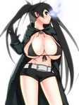  alternate_breast_size belt bikini_top black_hair black_rock_shooter black_rock_shooter_(character) blue_eyes breasts coat colorized gloves glowing glowing_eye groin hand_on_hip huge_breasts long_hair magister_(medical_whiskey) navel sagging_breasts scar short_shorts shorts solo twintails underboob 