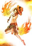  1boy barefoot beads black_hair bracelet fighting_stance fire freckles full_body hat jewelry jumping male male_focus necklace one_piece portgas_d_ace prayer_beads sad_face smiley solo stampede_string tattoo topless 
