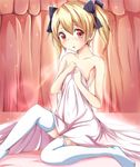  bed_sheet blonde_hair blush collarbone garter_straps holding looking_at_viewer ok-ray original red_eyes sitting solo thighhighs topless twintails white_legwear 
