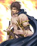  armor asu_(asoras) blood cape evil_smile fangs gauntlets gensou_suikoden gensou_suikoden_ii luca_blight male_focus open_mouth shoulder_pads smile solo sword weapon 