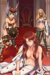  3girls absurdres arm_support armor blonde_hair blue_eyes braid breasts claudette_(queen's_blade) clawdette cleavage eyes_closed female green_hair helmet highres leina long_hair mirim multiple_girls navel oda_non official_art open_mouth pantyhose queen&#039;s_blade queen&#039;s_blade_rebellion queen's_blade queen's_blade_rebellion red_hair shield single_braid sitting stairs standing sword thighhighs throne torn_clothes weapon winged_helmet 