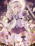  adapted_costume aguy between_fingers flower full_moon hand_on_hip izayoi_sakuya knife lily_(flower) maid maid_headdress miniskirt moon open_mouth petals puffy_sleeves short_hair short_sleeves silver_hair skirt solo thighhighs touhou weapon wrist_cuffs 