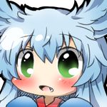  blue_hair blush face fang green_eyes long_hair lowres open_mouth rebecca_(keinelove) sashiromiya_sasha solo touhou 