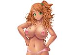  1girl areola_slip areolae bikini breasts dark_skin ganguro green_eyes hand_on_hip hips ishii_akira kimomen_demo_kyokon_nara_mizugi_gal_to_ria_juu_na_natsu_ga_sugoseru! large_breasts long_hair micro_bikini miel miel_(company) navel orange_hair pink_bikini side_ponytail smile solo swimsuit 