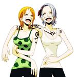  2girls black_pants blue_hair bracelet breasts cleavage east_blue family female headband jewelry laughing multiple_girls nami nami_(one_piece) nojiko one_piece open_mouth orange_hair pants shueisha siblings sister sisters smile tattoo white_background 