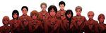  6+boys annie_leonhardt armin_arlert bad_id bad_pixiv_id bertolt_hoover black_hair blonde_hair christa_renz connie_springer emblem eren_yeager freckles highres jean_kirchstein marco_bodt mesubarutan mikasa_ackerman multiple_boys multiple_girls paradis_military_uniform potato reiner_braun salute sasha_braus shingeki_no_kyojin training_corps_(emblem) uniform white_background 