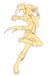  ;d full_body futami_ami grin highres idolmaster idolmaster_(classic) kintaro leg_up looking_at_viewer monochrome one_eye_closed open_mouth outstretched_arm short_hair side_ponytail simple_background smile solo standing standing_on_one_leg white_background yellow 